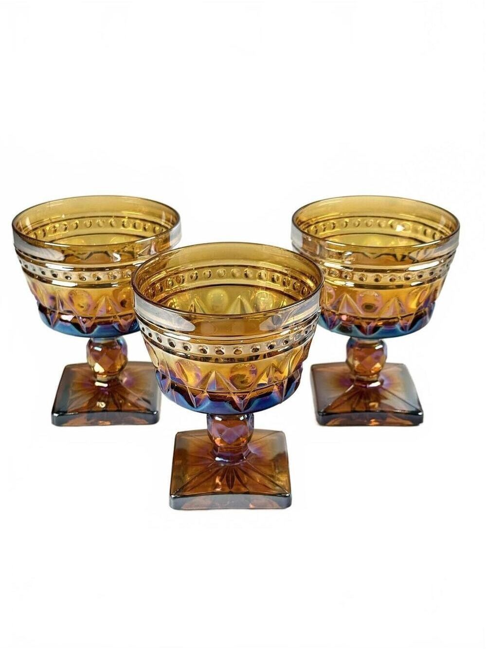 Set of 3 Indiana Glass Amber Carnival Iridescent Dessert Sherbet Square Base